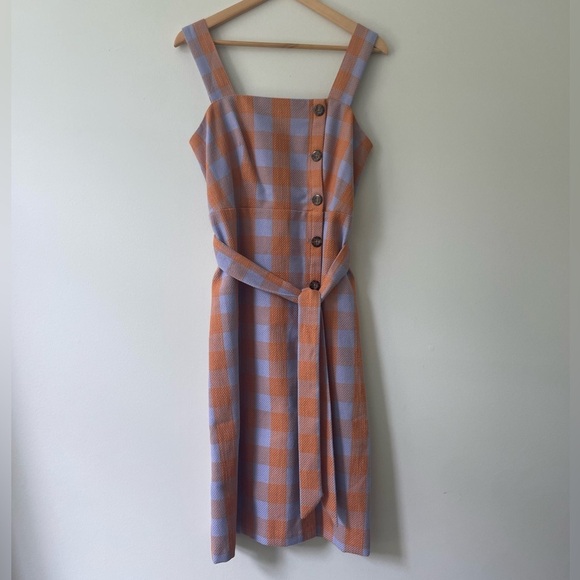 Ann Taylor Orange Purple Gingham Midi Dress Size 6 Office Career Professional - Picture 2 of 10